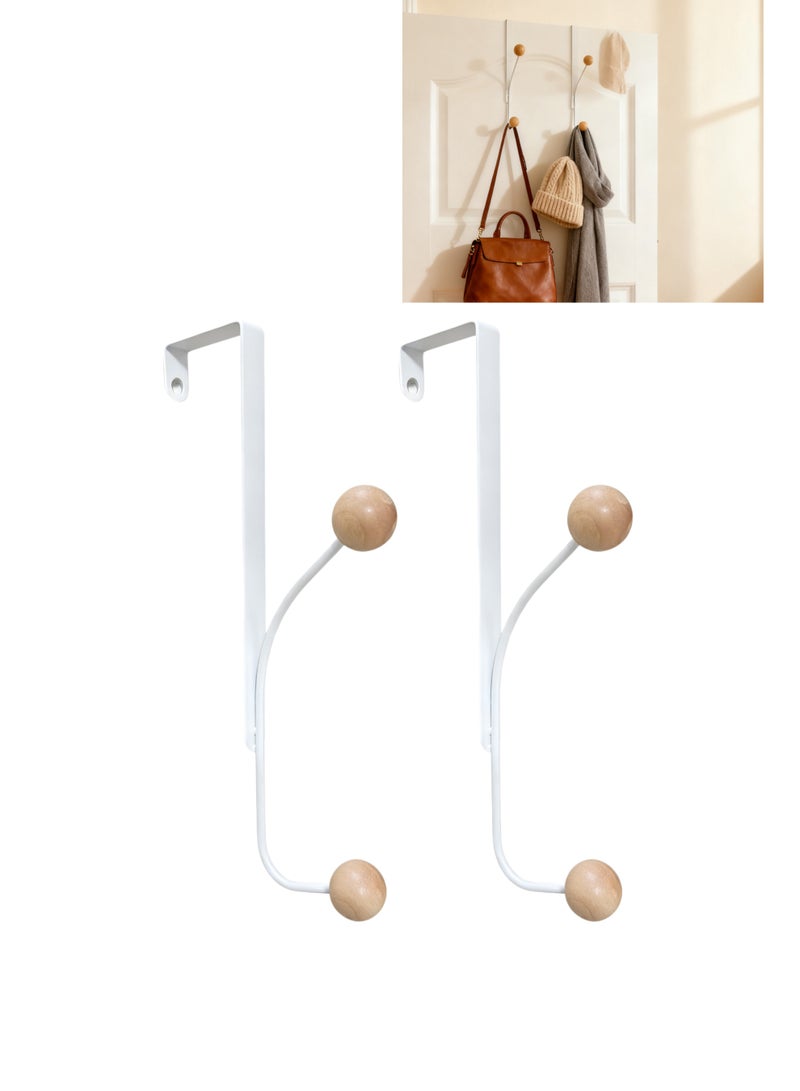 2 Pack Over The Door Hooks with Wooden Ball Finials, White Metal Door Hanger Organizer for Towels, Robes, Coats & Hats - Image 2