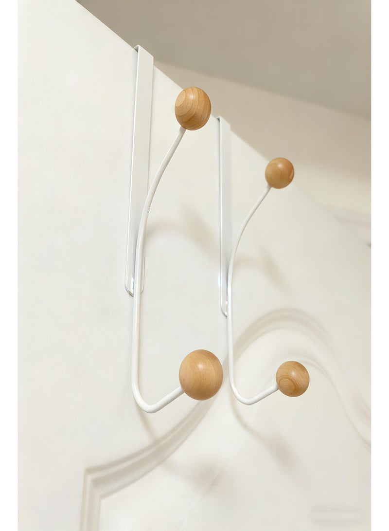 2 Pack Over The Door Hooks with Wooden Ball Finials, White Metal Door Hanger Organizer for Towels, Robes, Coats & Hats - Image 3