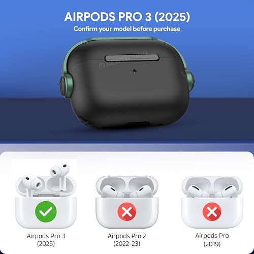 NEWTECHNO Antilost Lid Case Cover Shell for Airpods pro 3 (2025)| Full Protection Case Cover with Lanyard Compatible for Airpods Pro 3rd Generation with carabaner, Secure Lock Design, Black-Green - Image 2