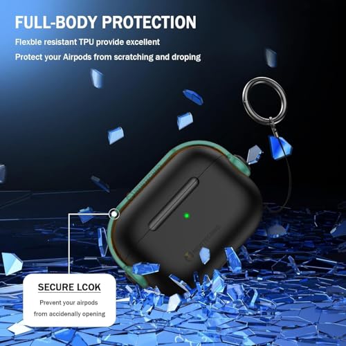 NEWTECHNO Antilost Lid Case Cover Shell for Airpods pro 3 (2025)| Full Protection Case Cover with Lanyard Compatible for Airpods Pro 3rd Generation with carabaner, Secure Lock Design, Black-Green - Image 4
