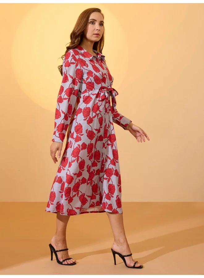 globus Globus Women Red Floral Printed Collared Neck Cuffed Sleeves Waist Tie-Ups Midi Shirt style Dress