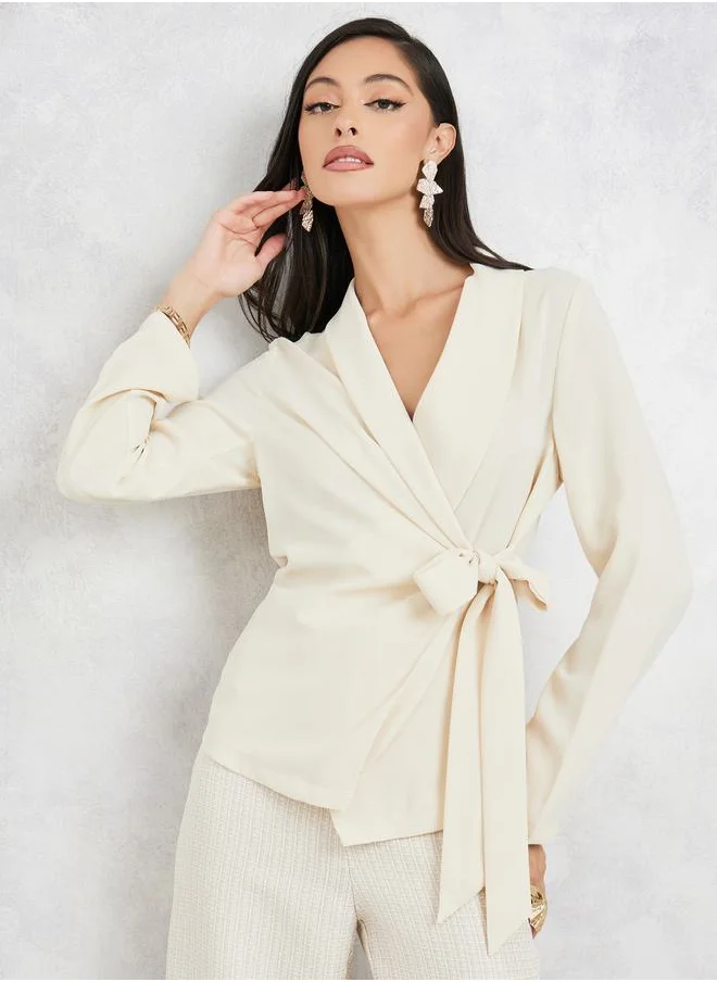 Styli Lapel Collared Long Sleeve Wrap Top