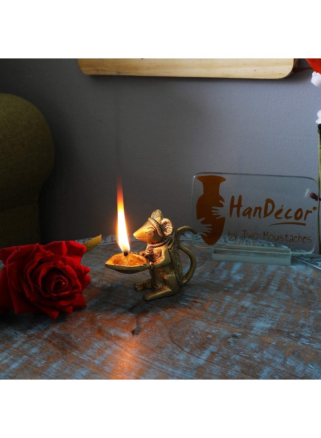 Two Moustaches Brass Home Decor Ganesha's Mouse Holding Oil Lamp Diya, Brass Decorative Temple Diya - Image 5