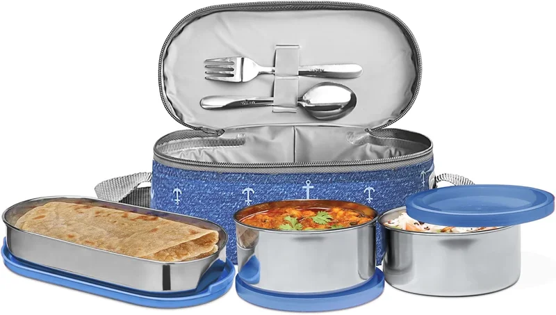 Milton Milton Corporate Lunch Stainless Steel Containers, Set of 3, (280 ml, 280 ml, 472 ml), Blue | Light Weight | Odour Proof | Leak Proof | Easy to Carry | Food Grade