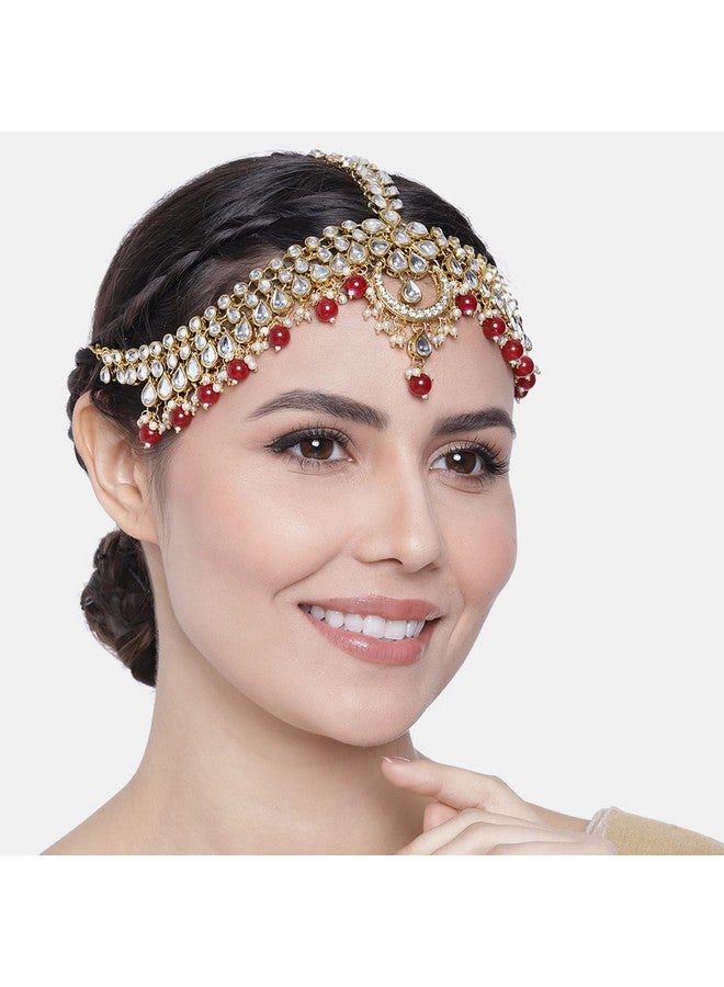 Peora Traditional Gold Plated Red Kundan Pearl Maang Tikka Matha Patti for Women Girls - Image 2