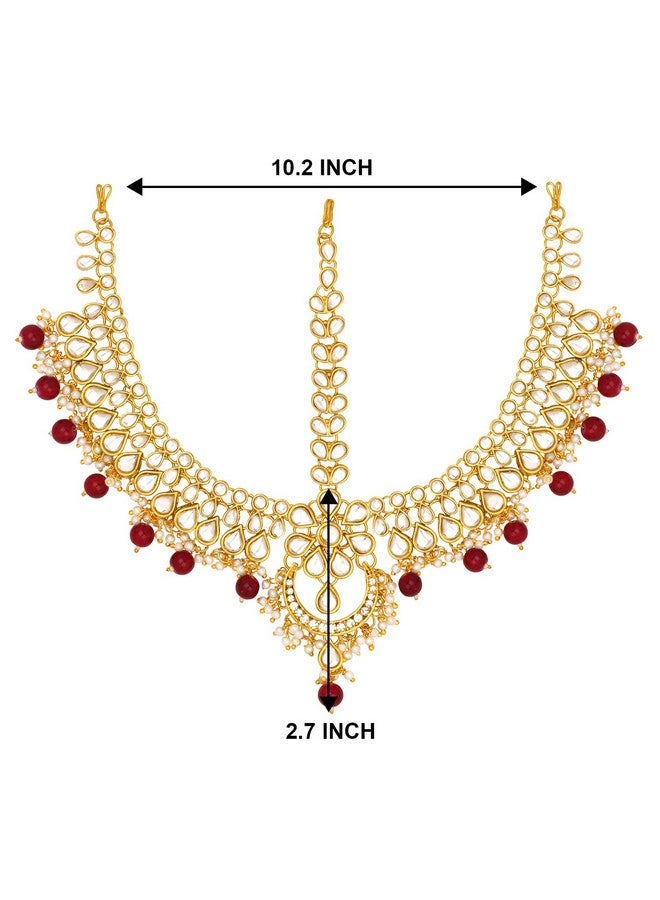 Peora Traditional Gold Plated Red Kundan Pearl Maang Tikka Matha Patti for Women Girls - Image 4