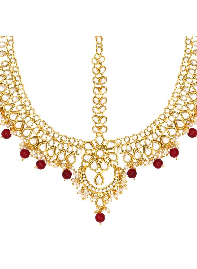 Peora Traditional Gold Plated Red Kundan Pearl Maang Tikka Matha Patti for Women Girls - Image 3