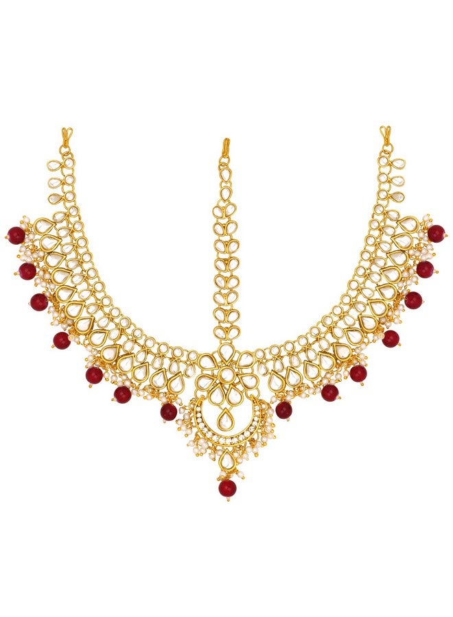 Peora Traditional Gold Plated Red Kundan Pearl Maang Tikka Matha Patti for Women Girls - Image 1