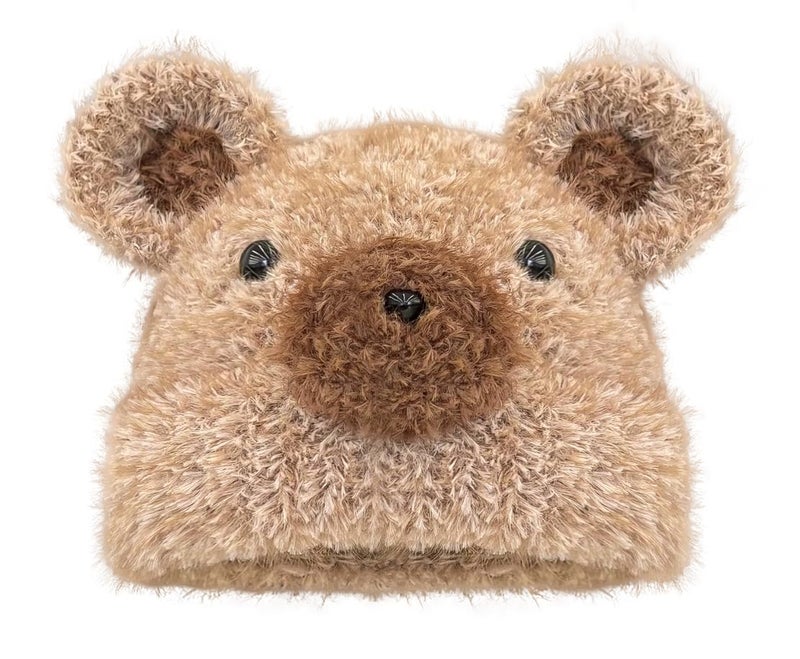 URAWOW Kawaii Bear Beanie Plush Hand Knitted Beanie Skull Cap Fur Fuzzy Furry Winter Hats for Man Women Accessories Brown - Image 1