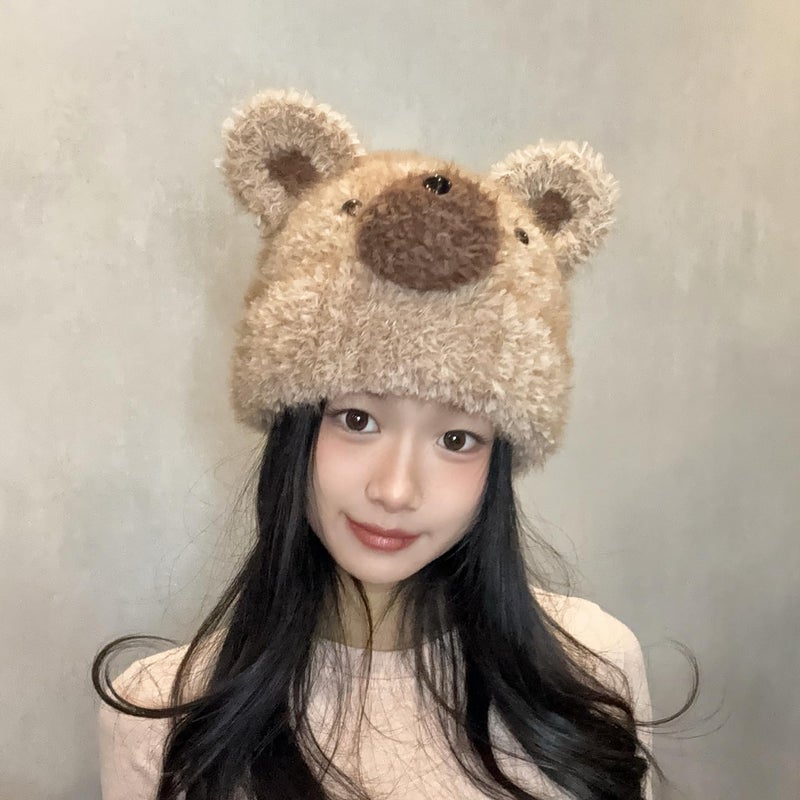 URAWOW Kawaii Bear Beanie Plush Hand Knitted Beanie Skull Cap Fur Fuzzy Furry Winter Hats for Man Women Accessories Brown - Image 3