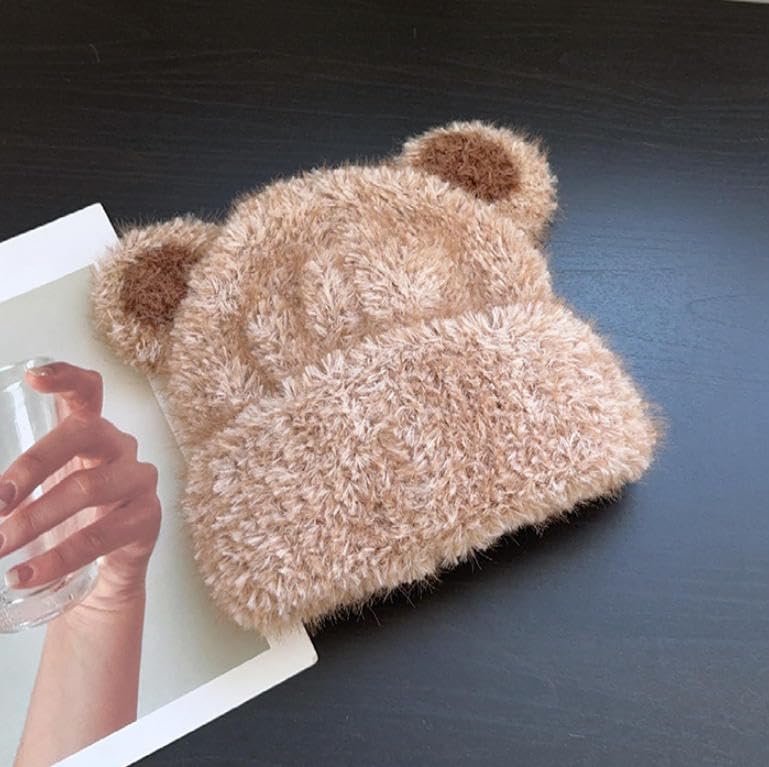 URAWOW Kawaii Bear Beanie Plush Hand Knitted Beanie Skull Cap Fur Fuzzy Furry Winter Hats for Man Women Accessories Brown - Image 5