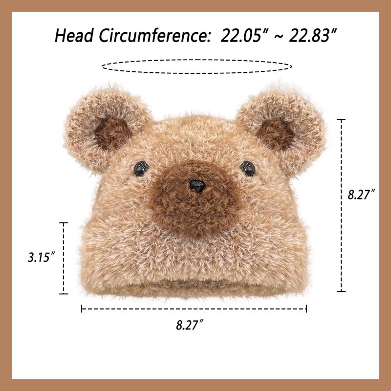 URAWOW Kawaii Bear Beanie Plush Hand Knitted Beanie Skull Cap Fur Fuzzy Furry Winter Hats for Man Women Accessories Brown - Image 4