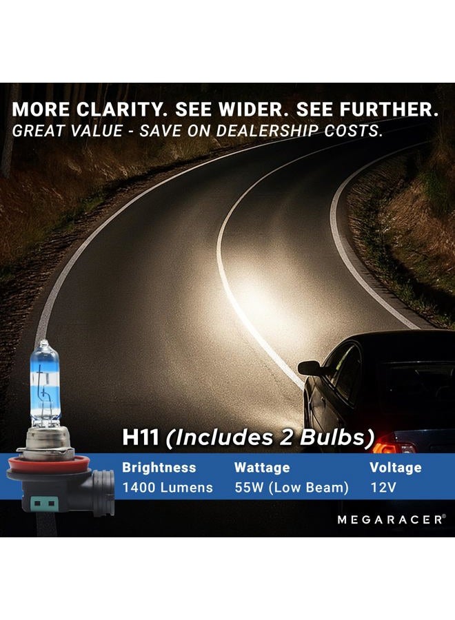 Mega Racer Premium OEM H11 Halogen Headlight Bulb (Low Beam) - Street-Legal & DOT Compliant for On-Road Use, Automotive Head Light Replacement for Car, 12V 55W, Plug & Play, Pack of 2 - Made in Korea - Image 3