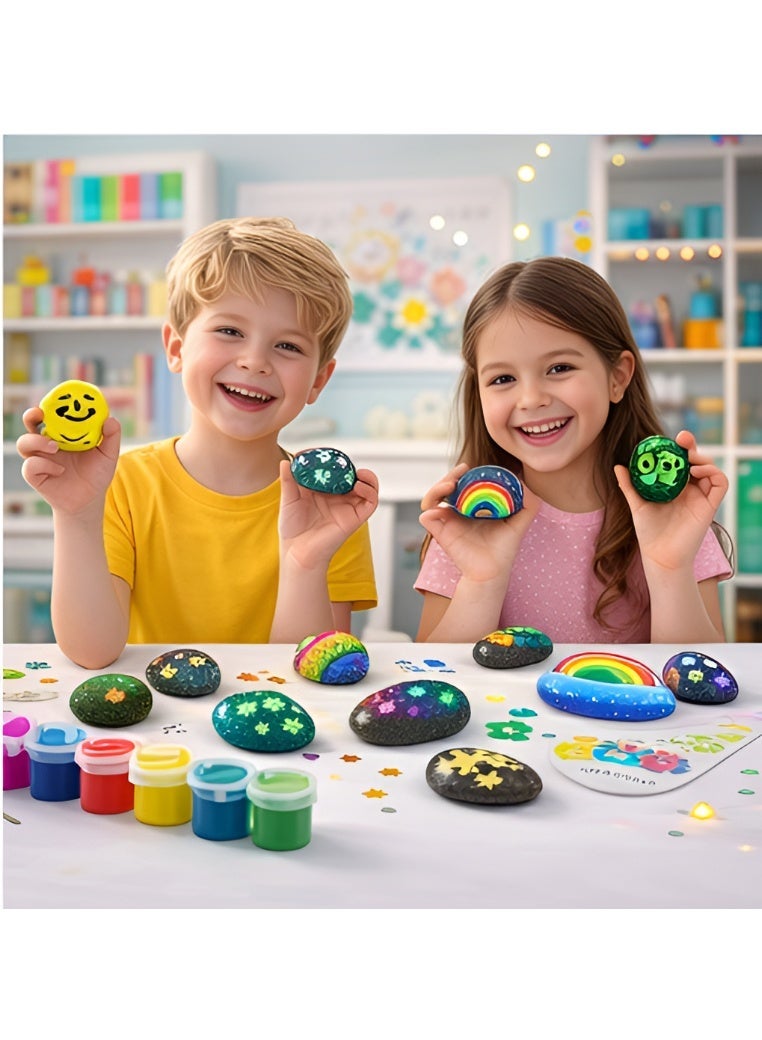 Maanys Rock Painting Craft Kit for Kids – Glow-in-the-Dark DIY Art Set with 12 Paints, Rocks, Stickers, and Gems, Creative Summer Activity & Birthday Gift - Image 4