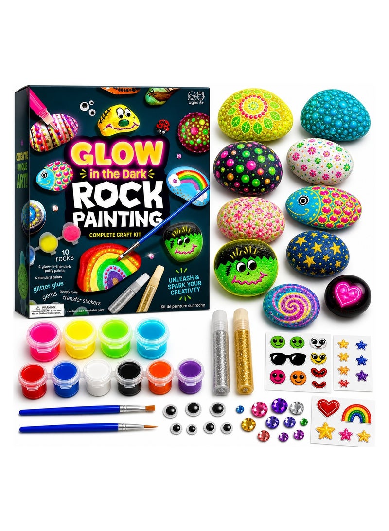 Maanys Rock Painting Craft Kit for Kids – Glow-in-the-Dark DIY Art Set with 12 Paints, Rocks, Stickers, and Gems, Creative Summer Activity & Birthday Gift - Image 1