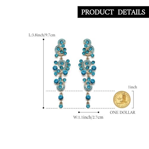 BriLove Long Large Earrings for Women Bohemian Boho Crystal Floral Hollow Chandelier Statement Dangle Jewelry Blue Topaz Color Gold-Toned - Image 5