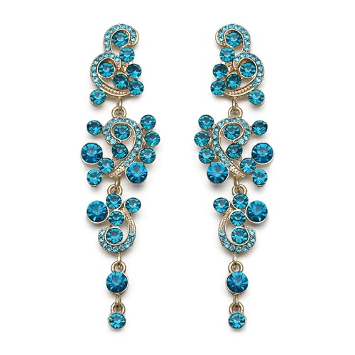 BriLove Long Large Earrings for Women Bohemian Boho Crystal Floral Hollow Chandelier Statement Dangle Jewelry Blue Topaz Color Gold-Toned - Image 1