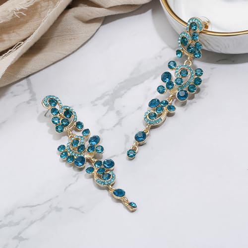 BriLove Long Large Earrings for Women Bohemian Boho Crystal Floral Hollow Chandelier Statement Dangle Jewelry Blue Topaz Color Gold-Toned - Image 4