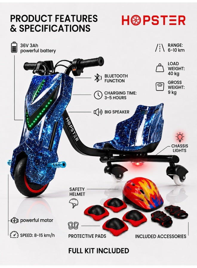 Hopster Kid's Advanced Electric Drift Scooter for Kids with 180W Motor, Medium 6.5 inch wheel, Comfortable Racing Seat, Rear Drift Wheel System, Long-Lasting Rechargeable Battery, Cosmic Blue - Image 2