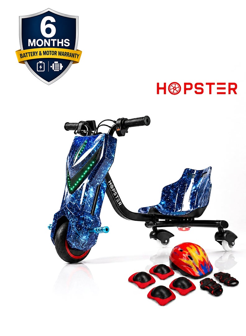 Hopster Kid's Advanced Electric Drift Scooter for Kids with 180W Motor, Medium 6.5 inch wheel, Comfortable Racing Seat, Rear Drift Wheel System, Long-Lasting Rechargeable Battery, Cosmic Blue - Image 1