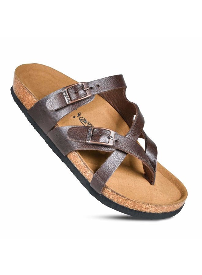 AEROTHOTIC Memory Foam Cork Footbed Slides for Women Sandals with +Comfort & Arch Support, Celestis Brown, 9 - Image 1