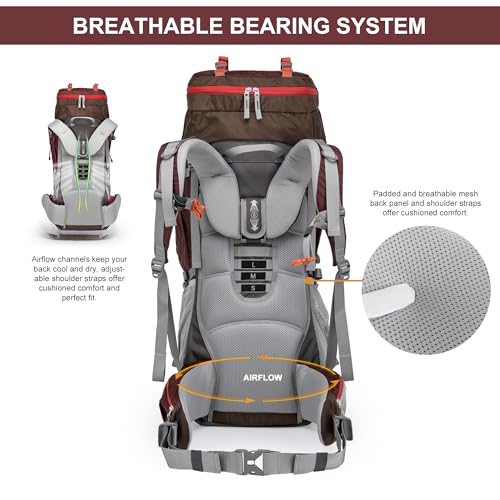 MOUNTAINTOP 70L Internal Frame Backpack Camping Backpacking Hiking Backpack for Men Women with Rain Cover,Maroon - Image 5