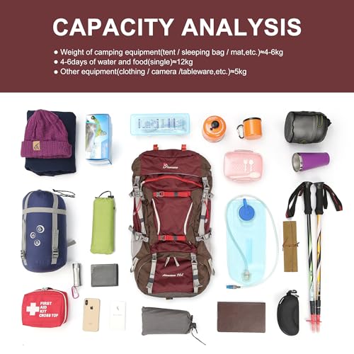 MOUNTAINTOP 70L Internal Frame Backpack Camping Backpacking Hiking Backpack for Men Women with Rain Cover,Maroon - Image 4