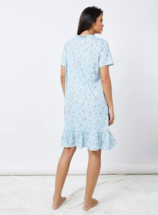 Styli Ditsy Floral Ruffle Hem Sleep T-Shirt Dress
