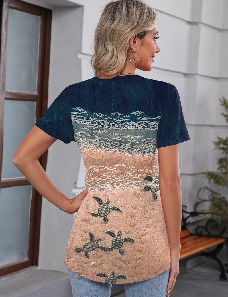 TCOT Women's Crew Neck Short Sleeve Tops Summer Dressy Casual Shirt Tunic Tops Business Blouses Beach Pattern L - Image 3