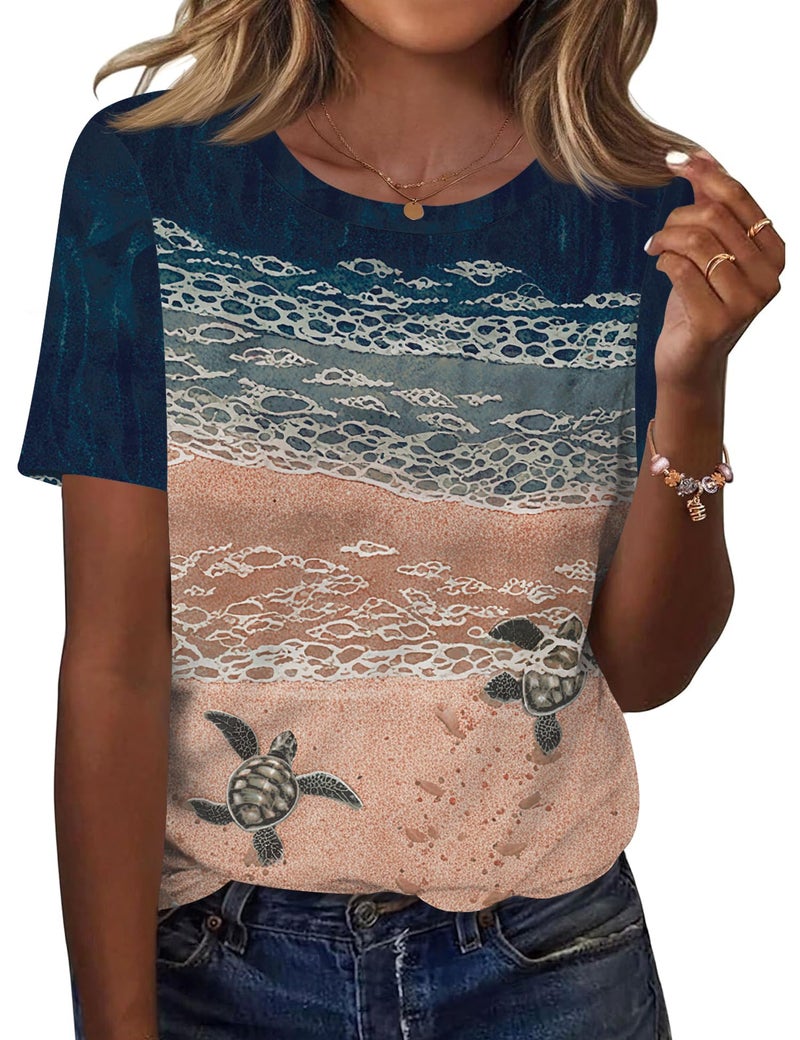 TCOT Women's Crew Neck Short Sleeve Tops Summer Dressy Casual Shirt Tunic Tops Business Blouses Beach Pattern L - Image 1