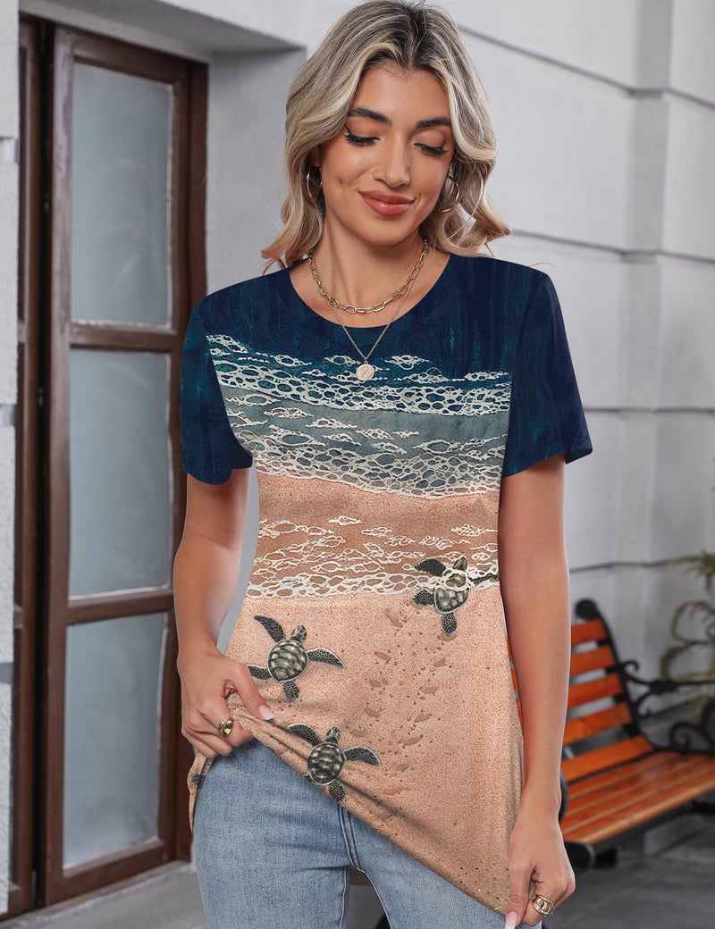 TCOT Women's Crew Neck Short Sleeve Tops Summer Dressy Casual Shirt Tunic Tops Business Blouses Beach Pattern L - Image 4