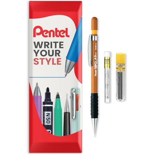 Pentel 120 Series Automatic Mechanical Pencil A313 + 12 HB Refill Leads + Tube of Eraser Refills - In Pillow Packaging - 0.9mm - Ochre - Image 1