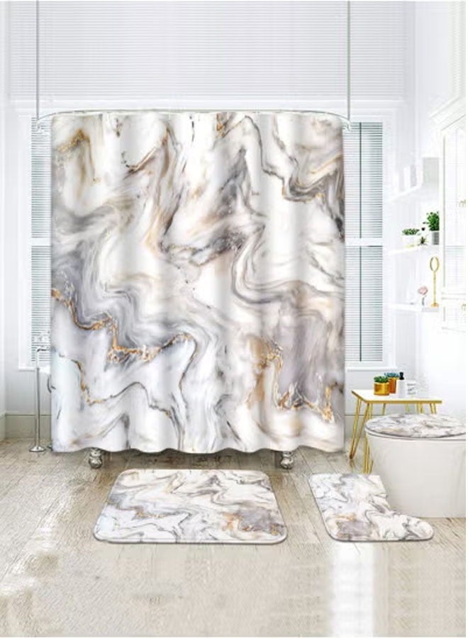 كيلا طقم حمام رخامي مكون من 4 قطع مع ستارة دش وسجاد وإكسسوارات، لون رمادي تجريدي وذهبي وأبيض، طقم ديكور حمام حديث باللون الرمادي - Image 4