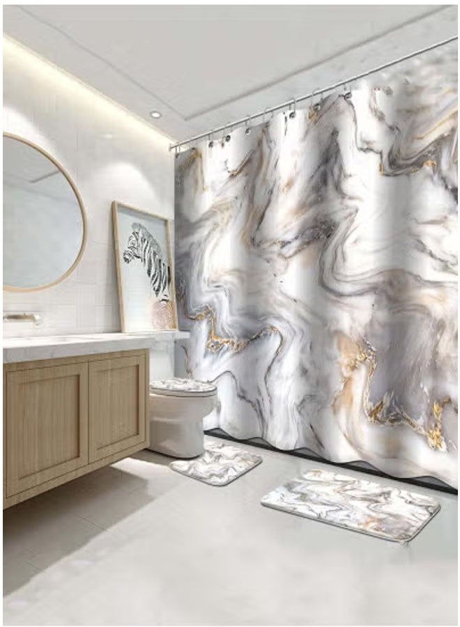 كيلا طقم حمام رخامي مكون من 4 قطع مع ستارة دش وسجاد وإكسسوارات، لون رمادي تجريدي وذهبي وأبيض، طقم ديكور حمام حديث باللون الرمادي - Image 5