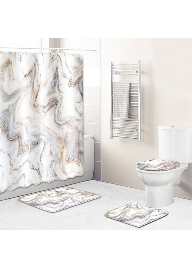 كيلا طقم حمام رخامي مكون من 4 قطع مع ستارة دش وسجاد وإكسسوارات، لون رمادي تجريدي وذهبي وأبيض، طقم ديكور حمام حديث باللون الرمادي - Image 1