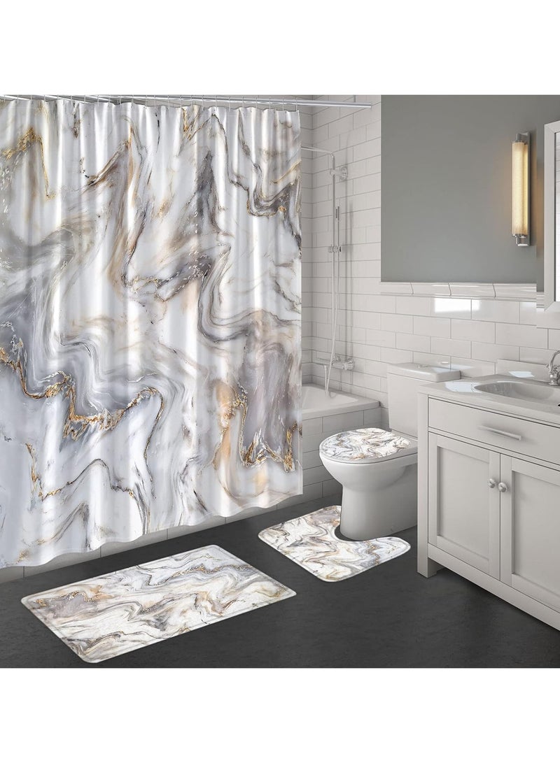 كيلا طقم حمام رخامي مكون من 4 قطع مع ستارة دش وسجاد وإكسسوارات، لون رمادي تجريدي وذهبي وأبيض، طقم ديكور حمام حديث باللون الرمادي - Image 2