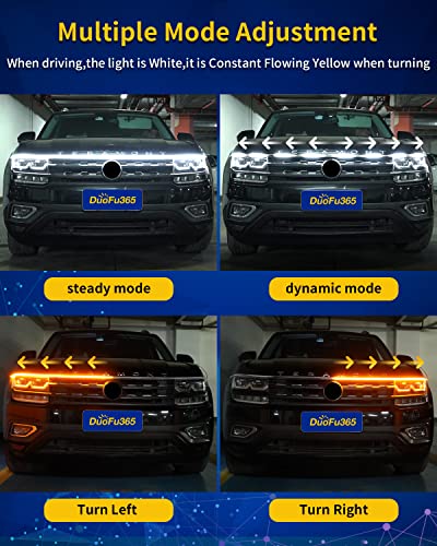 DUOFU365 Exterior Car LED Hood Light StripDual Color Dynamic Scan Start Up Hoodbeam KitLed Daytime Running Lights WhiteAmber Switchback Sequential Turn Signal Lights for Cars TrucksSUV59inch1set - Image 3