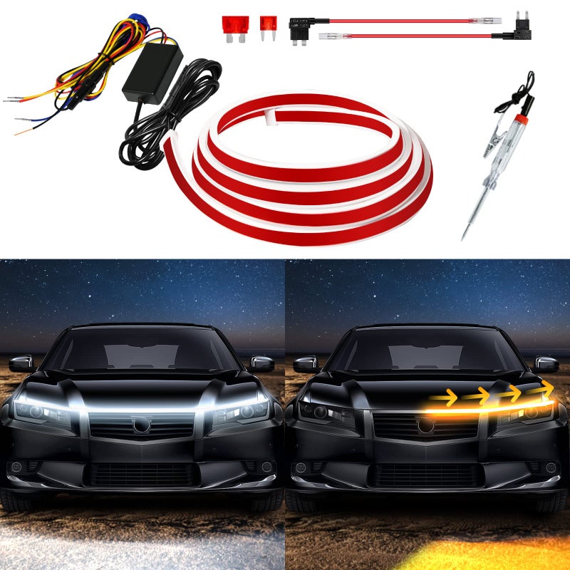 DUOFU365 Exterior Car LED Hood Light StripDual Color Dynamic Scan Start Up Hoodbeam KitLed Daytime Running Lights WhiteAmber Switchback Sequential Turn Signal Lights for Cars TrucksSUV59inch1set - Image 2