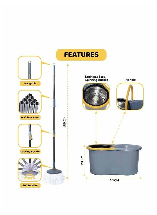 دلو ممسحة فولاذي دوار 360° رمادي - Image 2