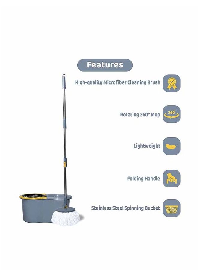 دلو ممسحة فولاذي دوار 360° رمادي - Image 3