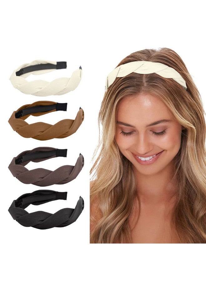 ووفوووفو 4 قطع عصابة رأس مضفرة للنساء والفتيات واسعة هيرباند موضة غير قابلة للانزلاق على شكل طوق شعر إكسسوارات بألوان ثابتة - Image 1