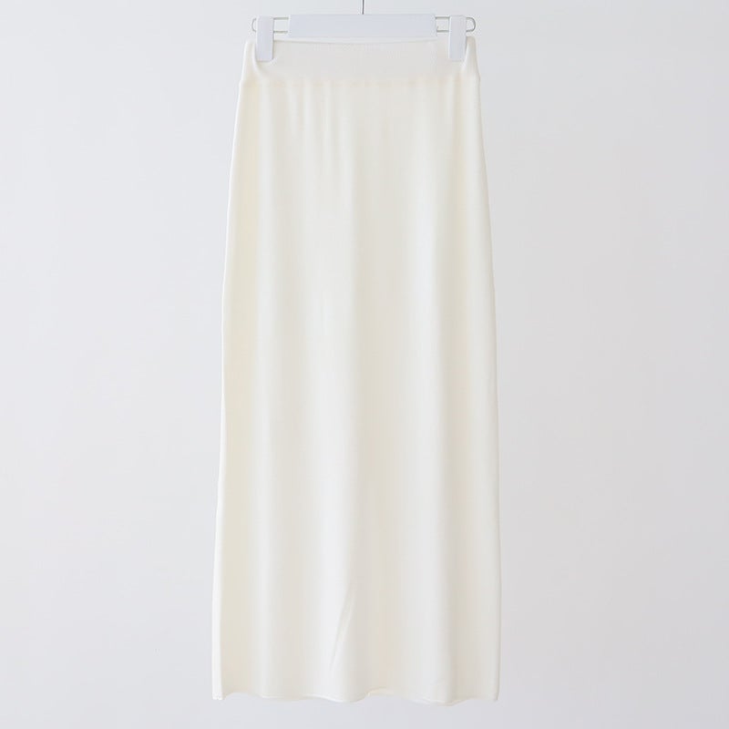Wool Blend Knit Midi Skirt Autumn Winter Solid Color White