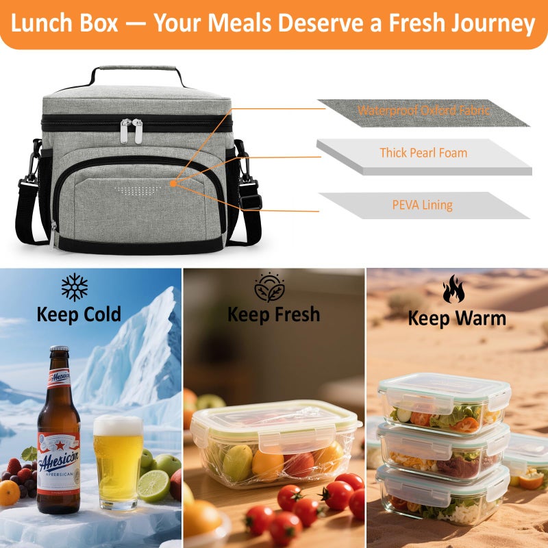 Vankor Insulated Lunch Bag for Men Women, Reusable Lunch Box Leakproof Cooler Lunch Tote Bag with Adjustable Shoulder Strap for Work Office Picnic Beach Travel, Cationic Light Grey - Image 2