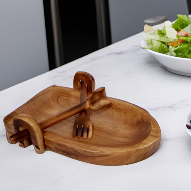 Purpledip Wooden Tray Platter Unique Rowing Boat Design with Fork Spoon for Serving Salad Snacks Cheese (12334) - Image 1