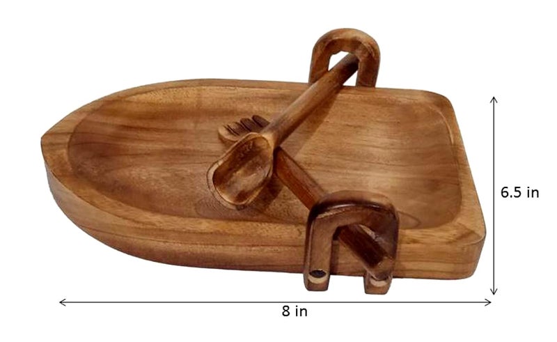 Purpledip Wooden Tray Platter Unique Rowing Boat Design with Fork Spoon for Serving Salad Snacks Cheese (12334) - Image 5