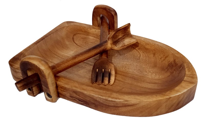 Purpledip Wooden Tray Platter Unique Rowing Boat Design with Fork Spoon for Serving Salad Snacks Cheese (12334) - Image 2