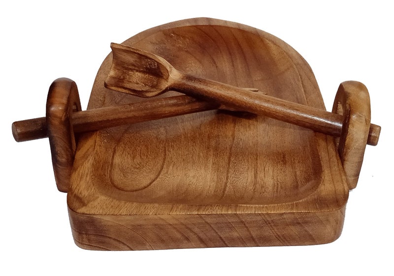 Purpledip Wooden Tray Platter Unique Rowing Boat Design with Fork Spoon for Serving Salad Snacks Cheese (12334) - Image 3