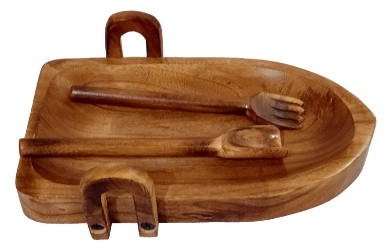 Purpledip Wooden Tray Platter Unique Rowing Boat Design with Fork Spoon for Serving Salad Snacks Cheese (12334) - Image 4