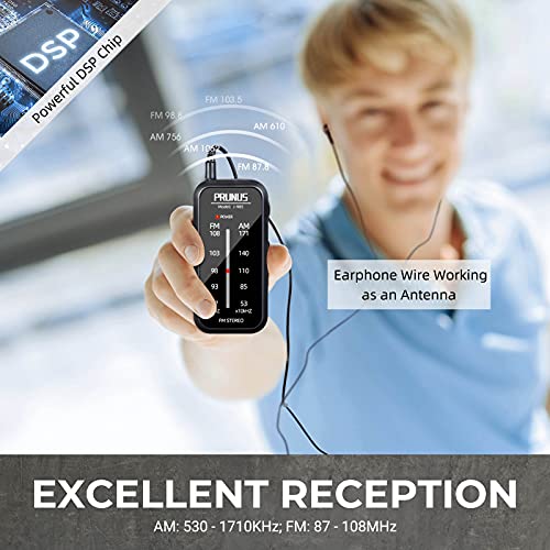 PRUNUS Pocket Radio Mini AM FM Stereo Radio Portable Battery Operated Radio, Includes Headphones, with Back Clip and Signal Indicator, Operated by AAA Batteries for Emergency,Walking,Running,J-985 by PRUNUS - Image 2