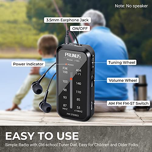 PRUNUS Pocket Radio Mini AM FM Stereo Radio Portable Battery Operated Radio, Includes Headphones, with Back Clip and Signal Indicator, Operated by AAA Batteries for Emergency,Walking,Running,J-985 by PRUNUS - Image 4